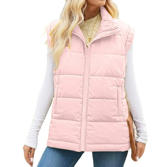 Puffer Vest for Women Sleeveless Stand Collar Solid Zip Up Padded Outerwear Jacket with Pockets Pink 2XL