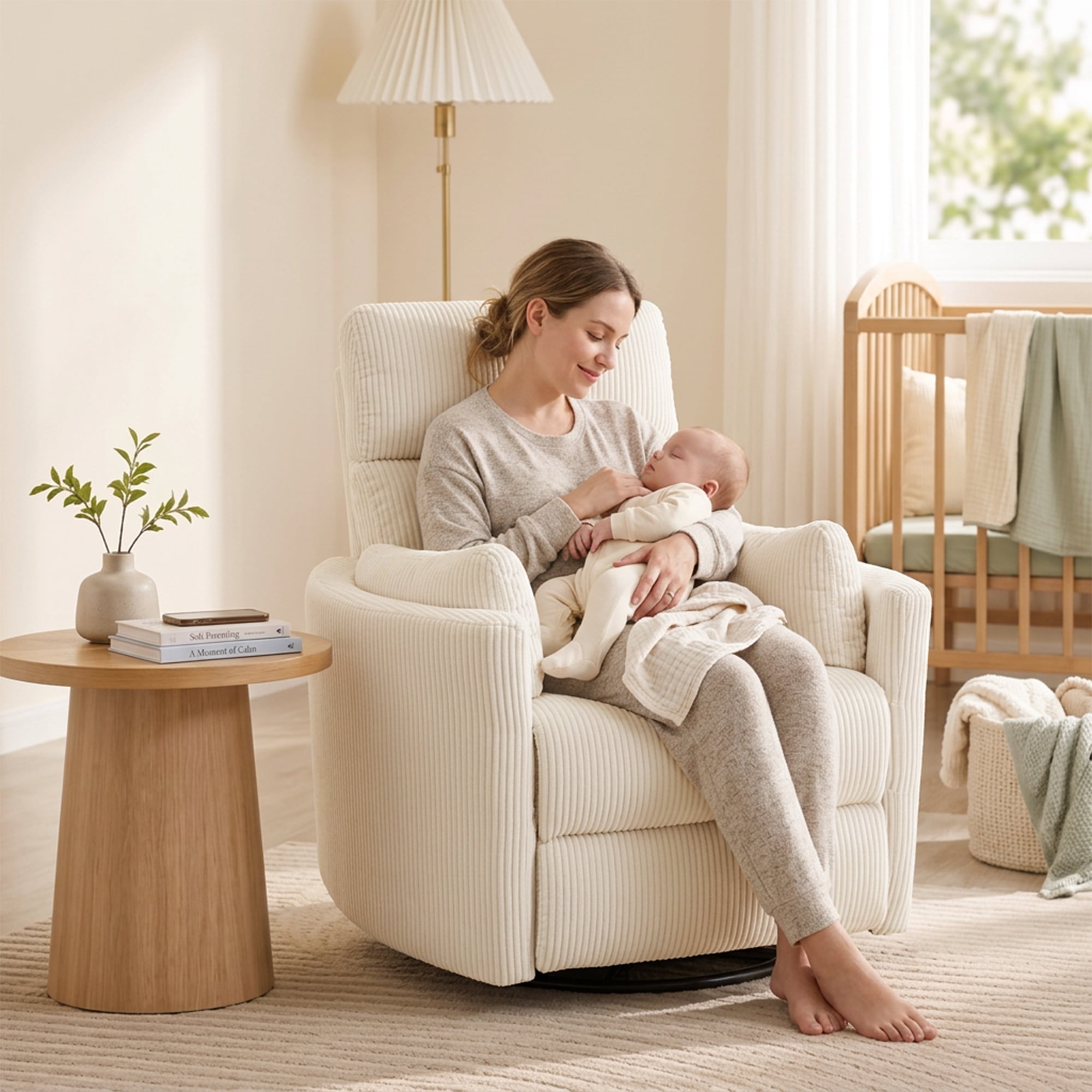 Enthymia Adult Corduroy Nursery USB Port and 270 Degree Swivel Rocking Recliner with 2 Pillows, Beige