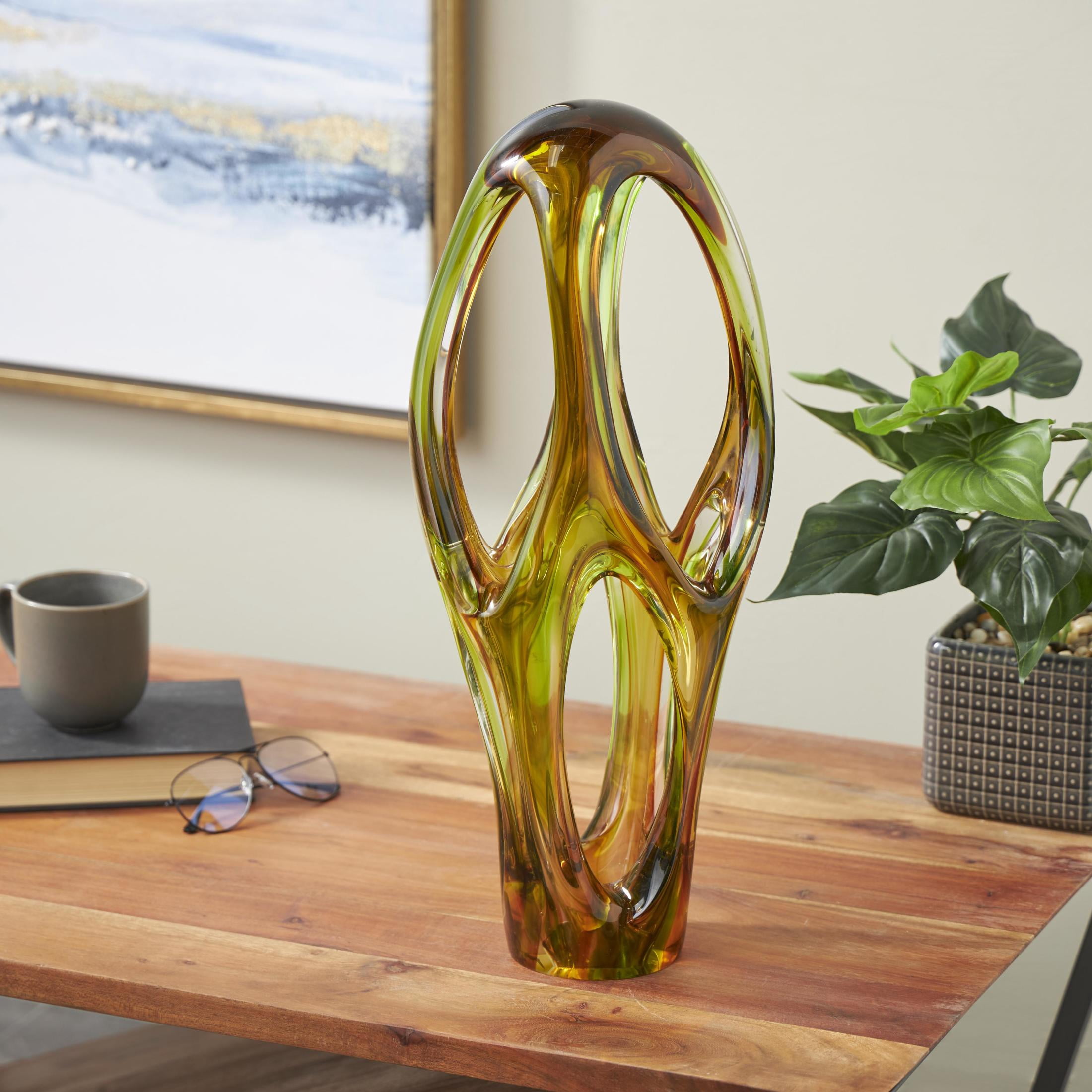 6" x 21" Orange Glass Ombre Cutout Abstract Sculpture with Green Accents, by DecMode