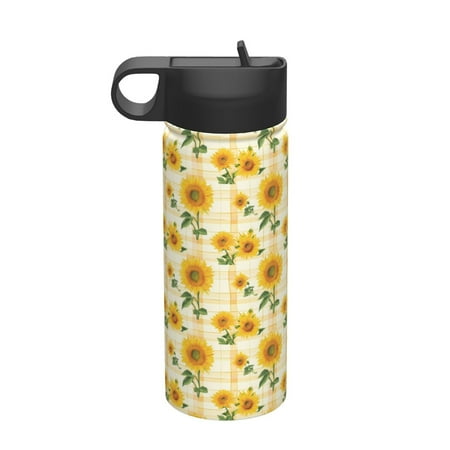 

Uemuo Yellow White Plaid Sunflower Print 18oz Sports Insulated Kettle Water Bottle Outdoor Sports Bottle Insulated Hydration Bottle with Handle & Flip Straw