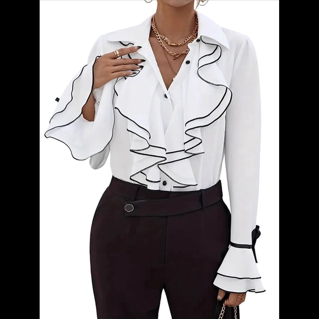 Camisa Informal con Mangas Acampanadas y Volantes de Color Liso para Mujer, y Otoño 2025 L