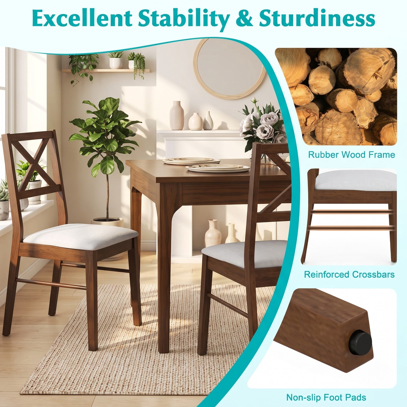 Furnibear Upholstered Dining Chairs Set of 2, Padded Side Chairs with Rubber Wood Frame, Ergonomic Cross Backrest & Non-Slip Foot Pads for Kitchen Living Room, Brown