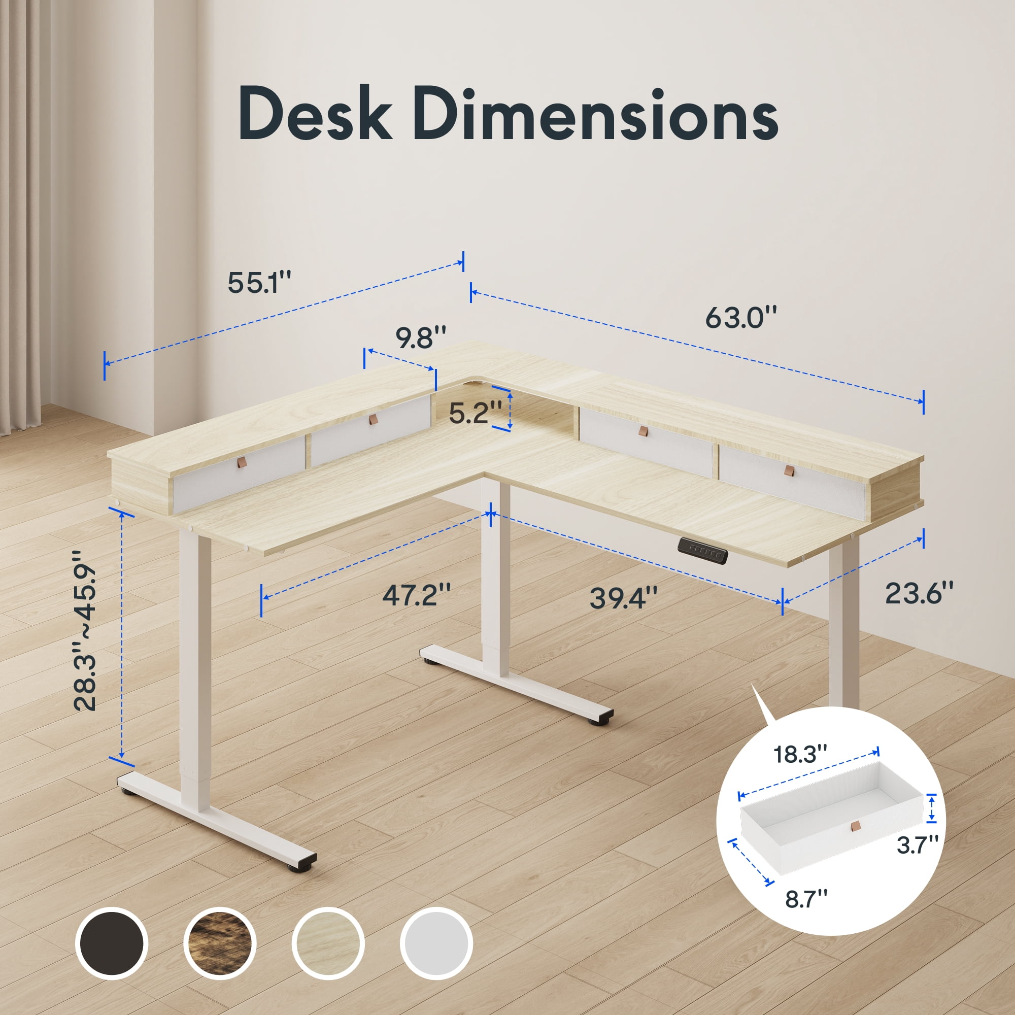 FitStand 63'' L Shaped Electric Standing Desk, Height Adjustable Electric Corner Standing Desk with Shelf and Drawers, Wood Grain