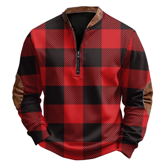 Domuza Men's Sweatshirts Retro Plaid Quarter Zip Up Stand Collar Sweater Spring Fall Long Sleeve Casual Loose Fit Comfy Pullover Red 3XL