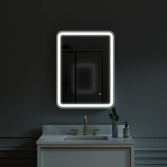 ANGELES HOME 24 x 32 inch LED Bathroom Mirror, LED Lighted Mirror for Bathroom, Wall Bathroom Vanity Mirror with Lights, Framed Round Corner Mirror with Dimmer, Anti-Fog, Vertical/Horizontal, White