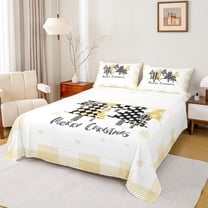 Manfei Checkered Christmas Tree Twin Sheet Sets for Kids Girls, Merry Xmas Twin Fitted Sheet, Happy New Year Gifts Flat Sheet, Luxury Orange Bedroom Decor3 Pieces