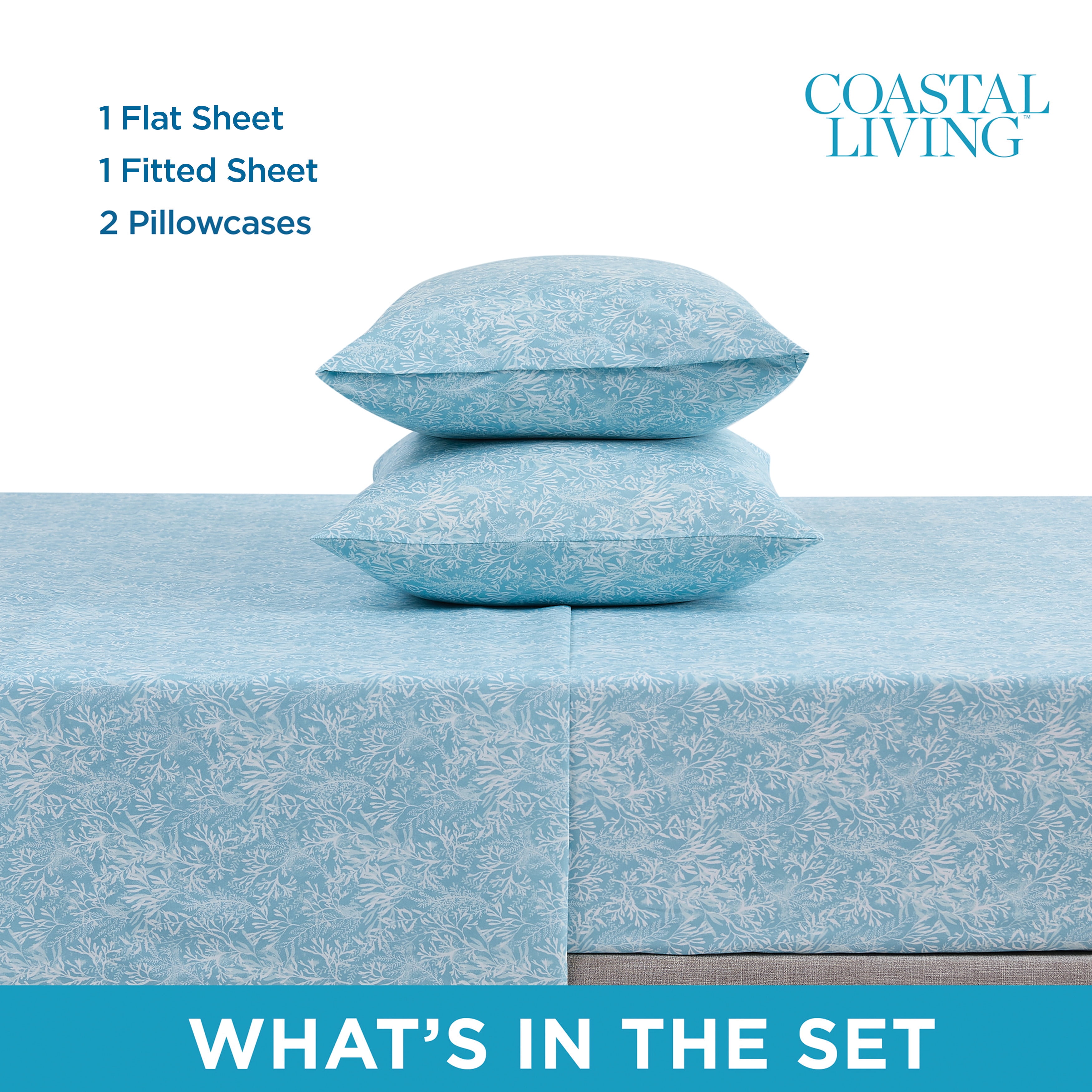 Coastal Living 4-Piece Blue Print Soft Brushed Microfiber Luxury Cooling Sheet Set, King