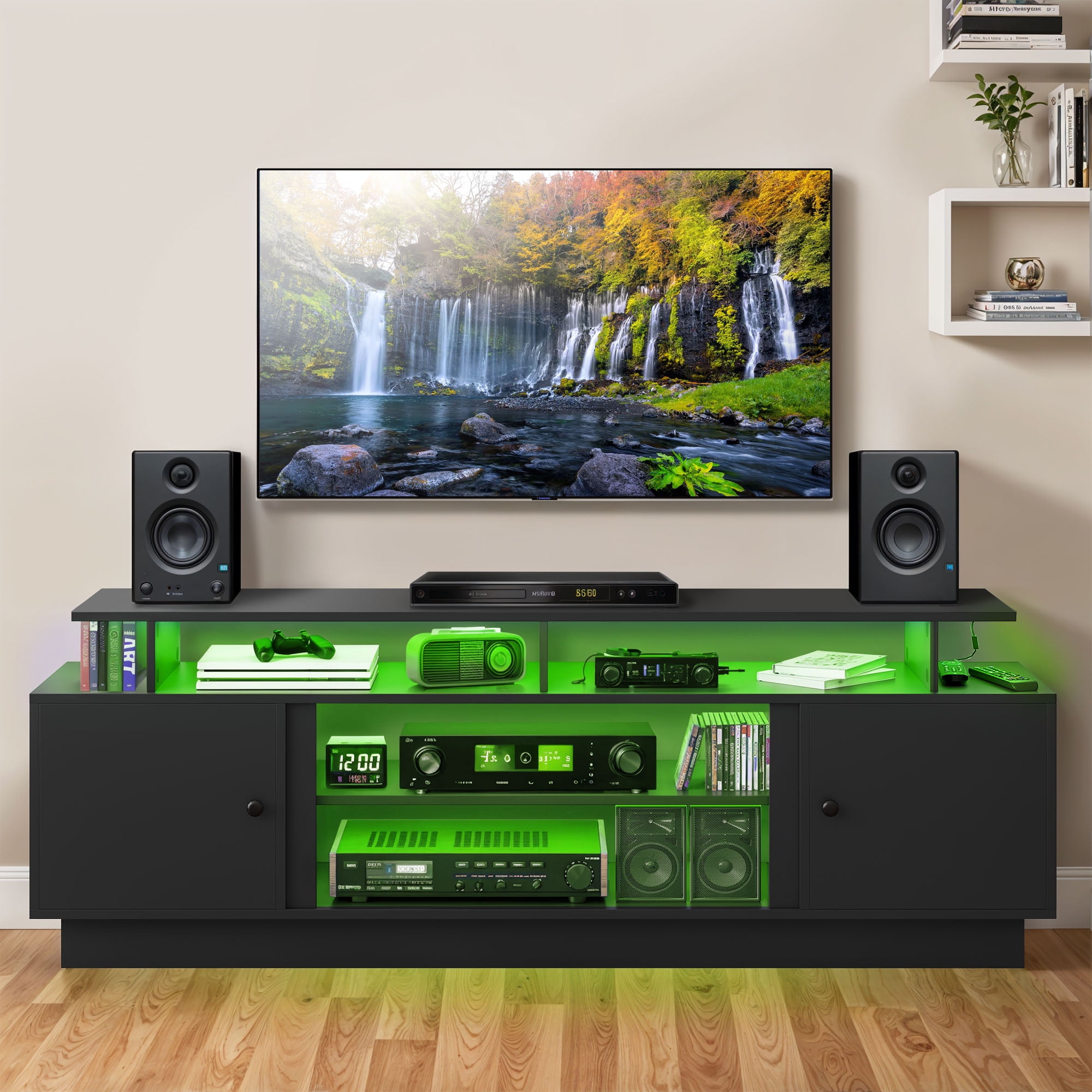 Uforic 70 inches Modern TV Stand with Light Strip, Storage Cabinets and Adjustable Partition, Black