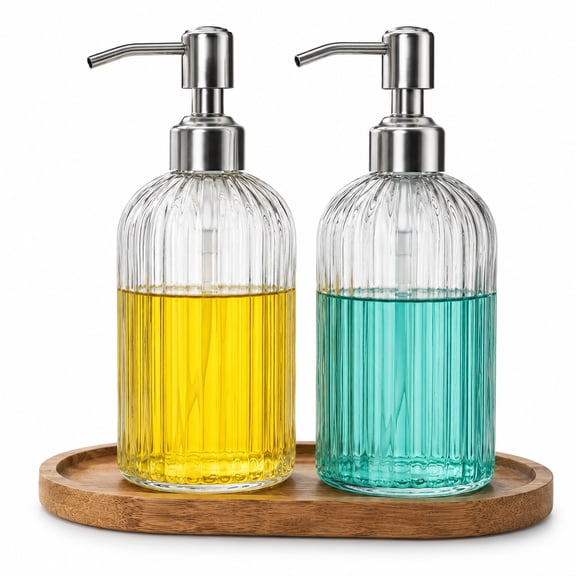 HBK Glass Soap Dispenser Set with Wooden Tray, 2 Pack 14 oz Clear Pump Bottles for Bathroom Kitchen, Stainless Steel, Refillable Hand Dish Soap