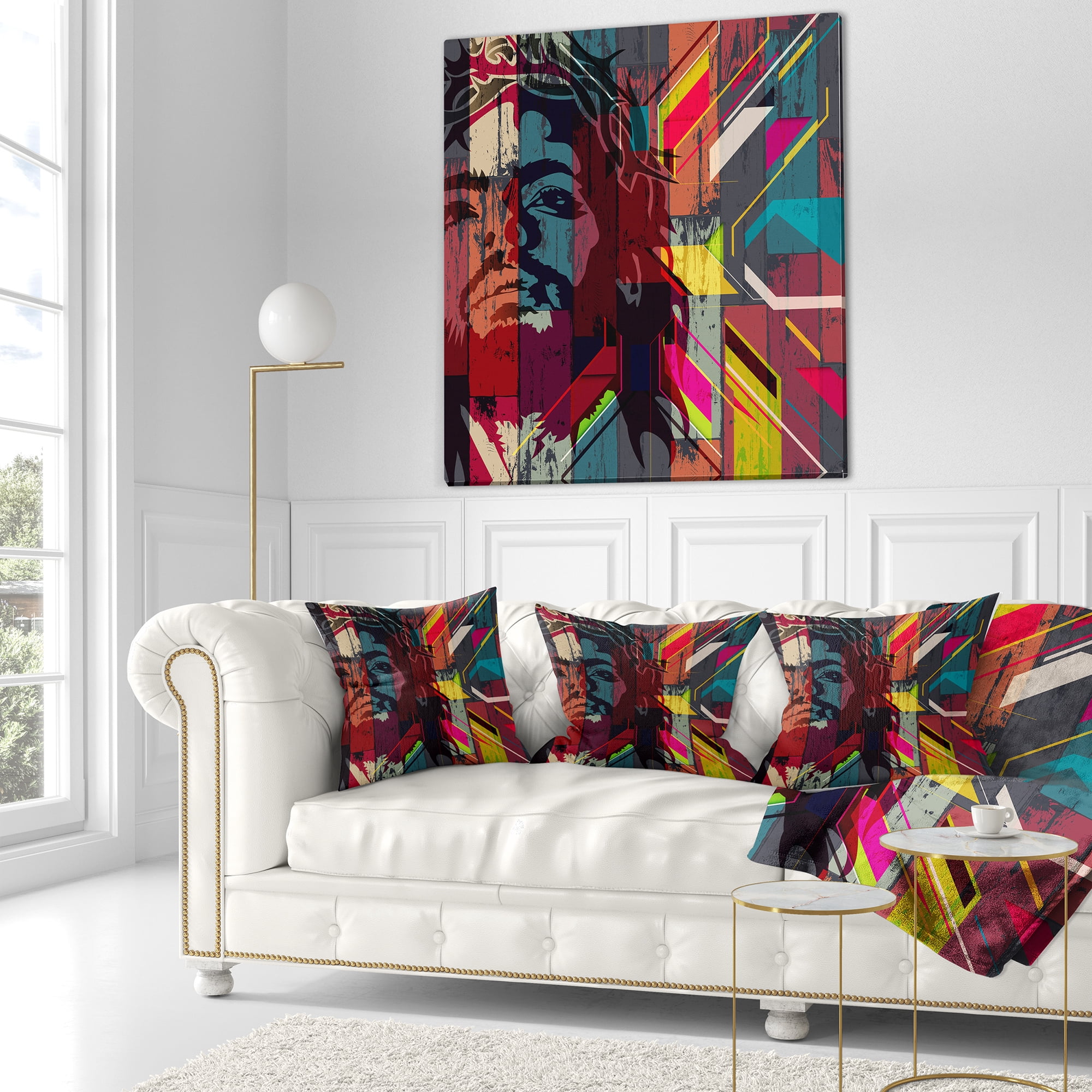 Designart Jesus over Abstract Wooden Design - Abstract Throw Pillow - 18x18