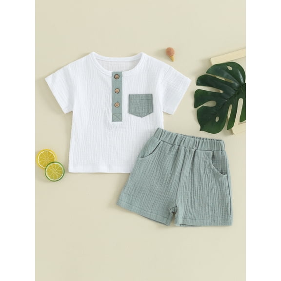 Toddler Boy Shorts Set Short Sleeve Round Neck Pocket Button T-Shirt with Shorts 2Pcs Summer Outfit