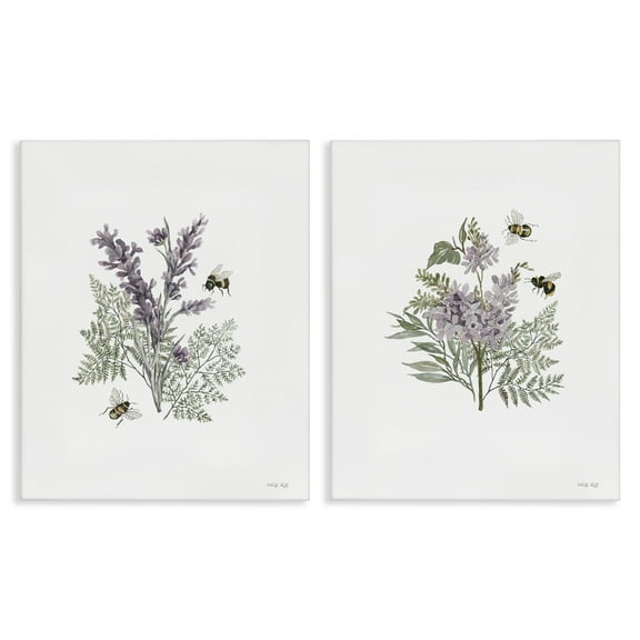 Stupell Industries Purple Floral Ferns Bees Plants & Flowers Painting Wrapped Canvas Art Print Wall Art, 16 x 20, Set of 2