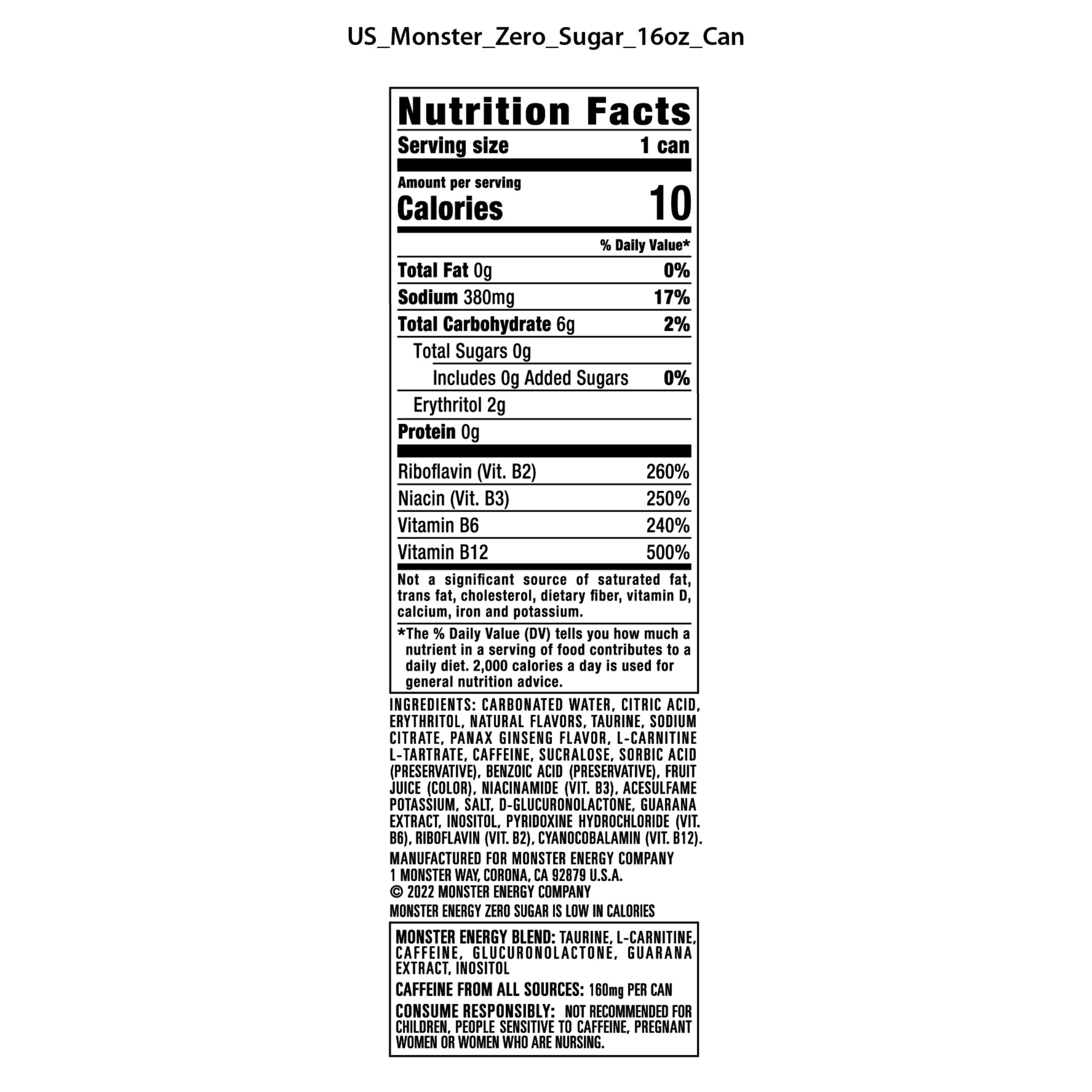 Monster Energy Energy Drink, Zero Sugar, 15-Pack, 16 Oz Cans