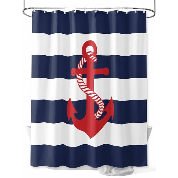 Red Coastal Nautical Anchor Shower Curtain, White Navy Blue Striped Bathroom Decor Curtains Set with Hooks, Waterproof Fabric Home Accessories, 72 X 84 Inch Extra Long
