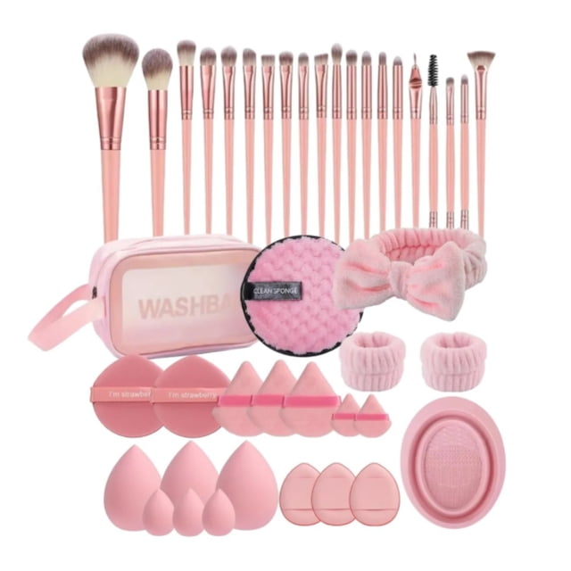 42 Brochas Maquillaje Profesional Y Herramientas Cosméticas Modelo Rosa Claro