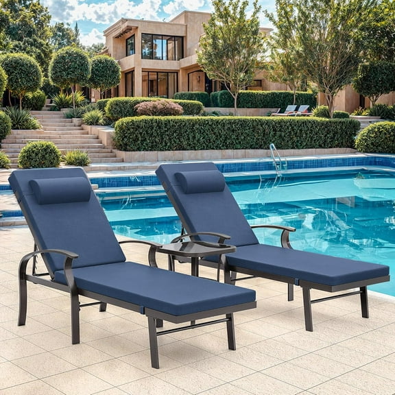 ASJMR 2pcs Adjustable Aluminum Lounge Chairs With Side Table And Cushions,3 Pieces Outdoor Patio Chaise Recliner Set,Blue