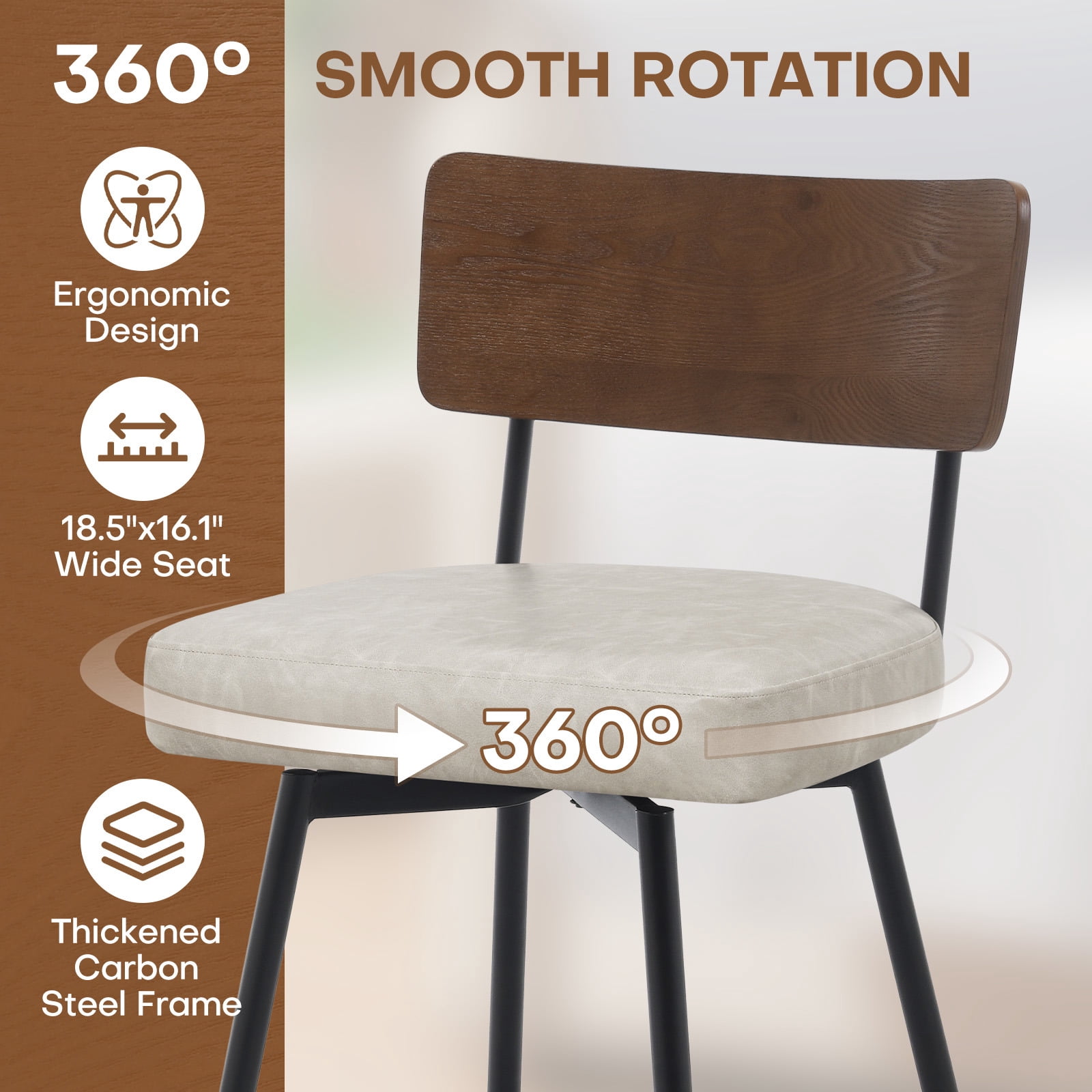 ANMINY PU Swivel Bar Stools Set of 4, 29" Seat Height, Upholstered Faux Leather Island Counter Barstools w/ Wood Mid-Back Metal Legs Home Kitchen Stool, Griege