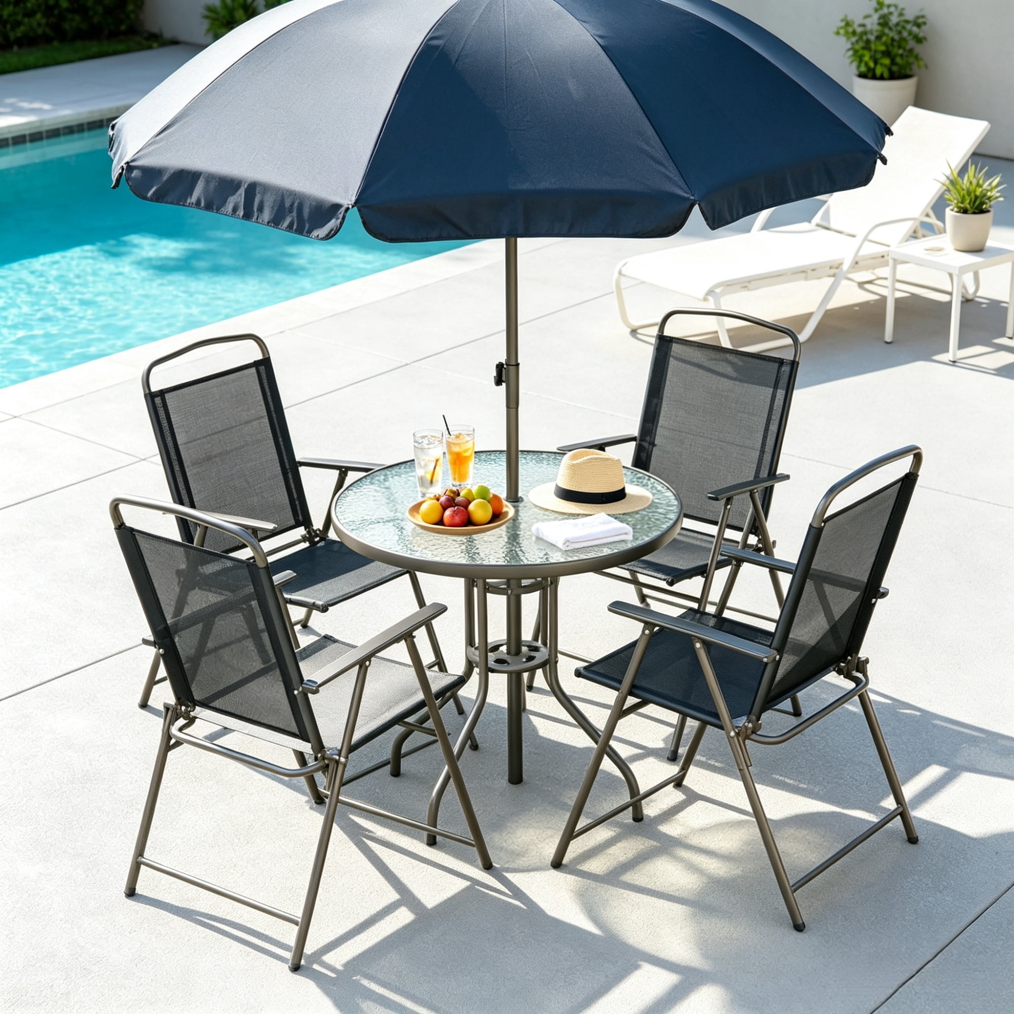 6-Piece Patio Dining Set for 4, Complete with Umbrella, Round Glass Table & 4 Folding Chairs, Black & Coffee