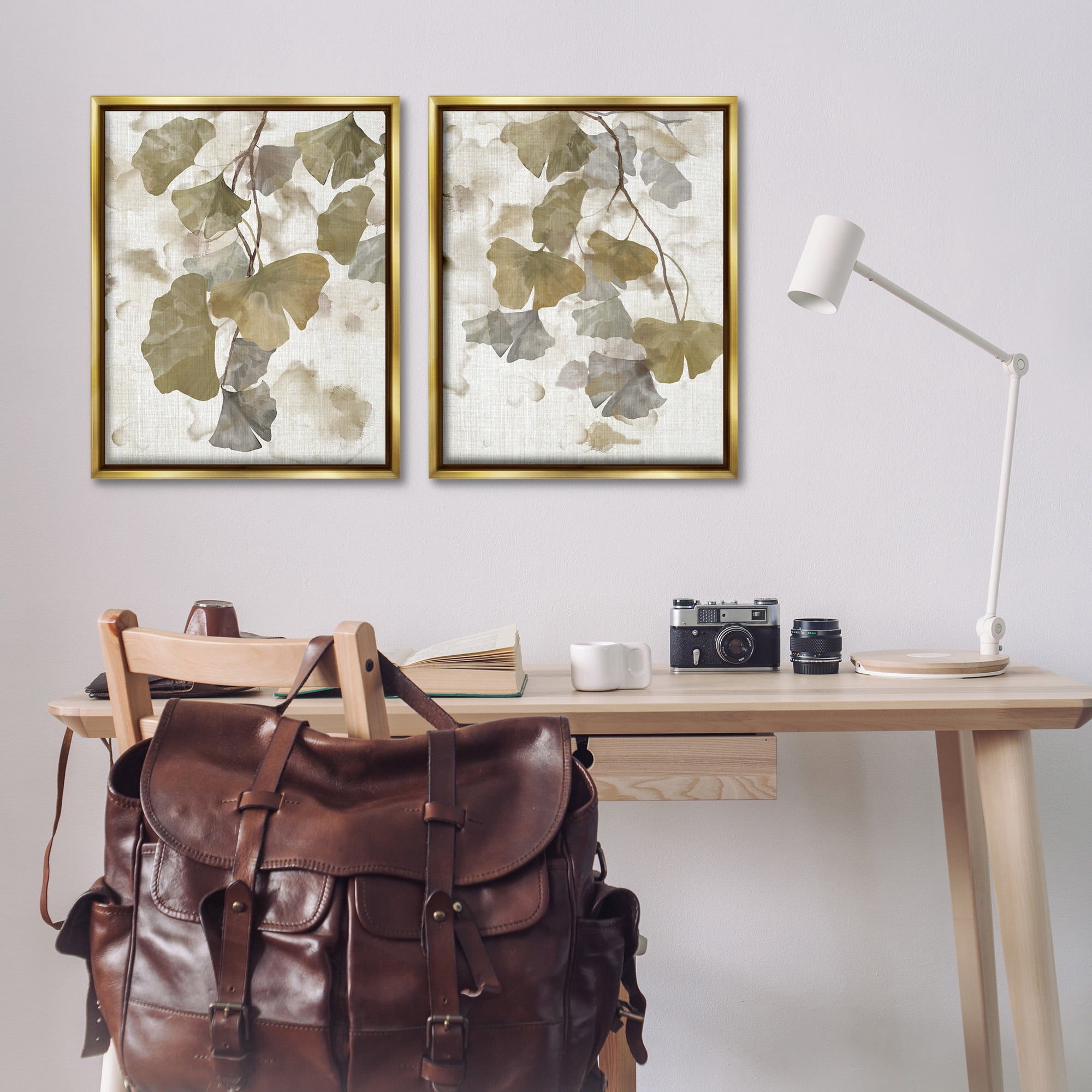 Stupell Industries Rustic Gingko Leaves Botanical & Floral Painting Gold Floater Framed Canvas Art Print Wall Art, 25 x 31, Set of 2