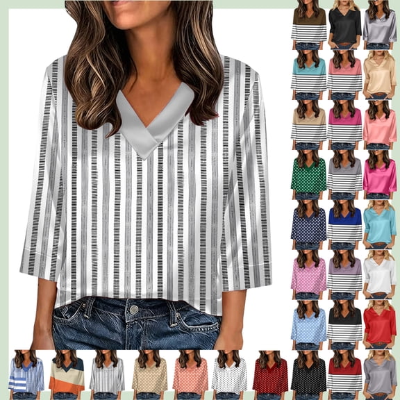 Women's Casual Loose Fit Satin V-Neck 3/4 Sleeve Blouse Tops, Short Sleeve Solid Basic Shirts for Spring Summer, Comfortable & Versatile for Daily/Office/Weekend Outfits