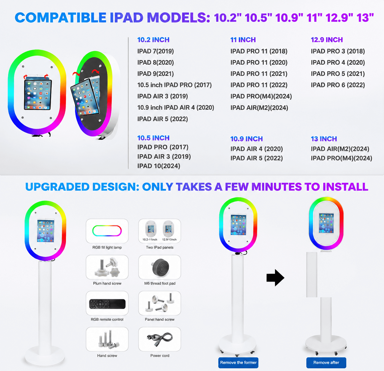 Portable iPad Photo Booth Stand with RGB Ring Light - Compatible with 10.2" to 13" iPad Pro/Air, Party Selfie Station for Weddings & Corporate Events (White/Flight Case)​