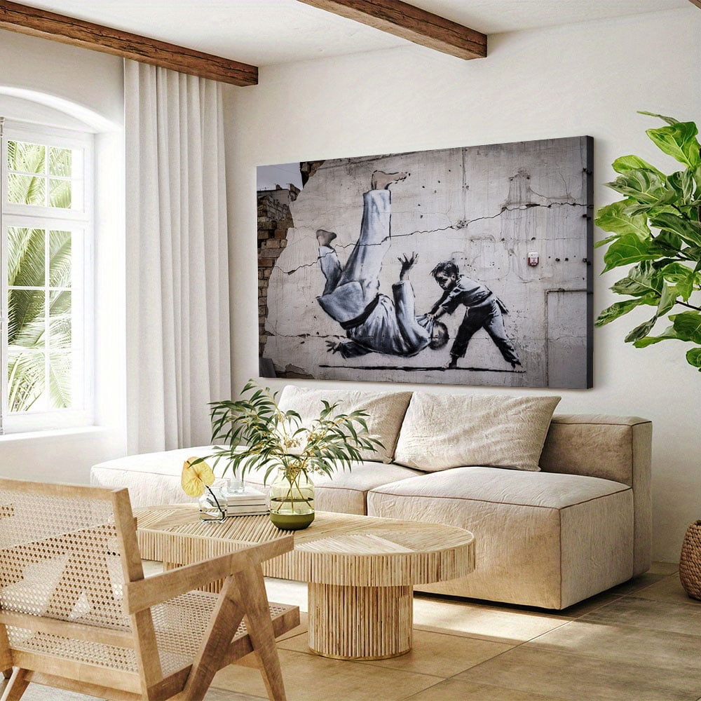 Banksy Judoka 3D Canvas, Handmade Gift, Painting Poster, Judoka Graffiti Wall Hanging, Banksy Boy Art Canvas, 8D Canvas, Decor Canvas(40" W x 30" H，Framed)
