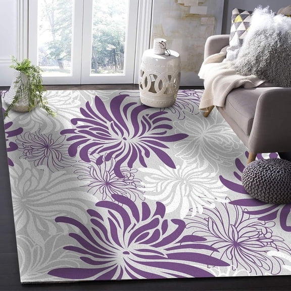 Vintage Purple Chrysanthemum Flowers Area Rug White Gray Living Room Carpet Indoor Non Slip Rugs Sofa Bedroom Home Decor Floor Mats 2x3 Small Non-slip Washable Soft Modern Durable