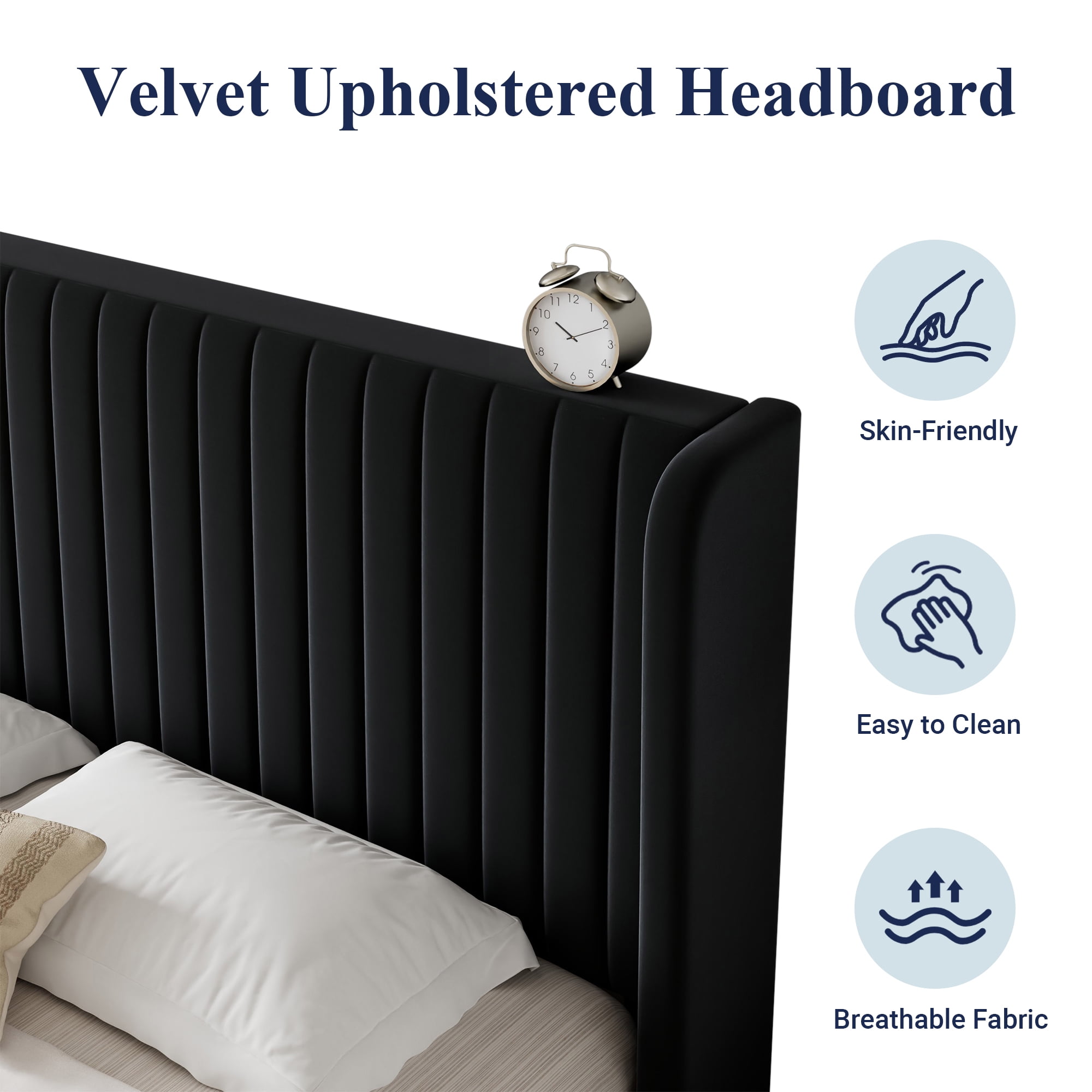 Sifurni Queen Size Velvet Platform Bed Frame with Vertical Channel Tufted Wingback Headboard, Black
