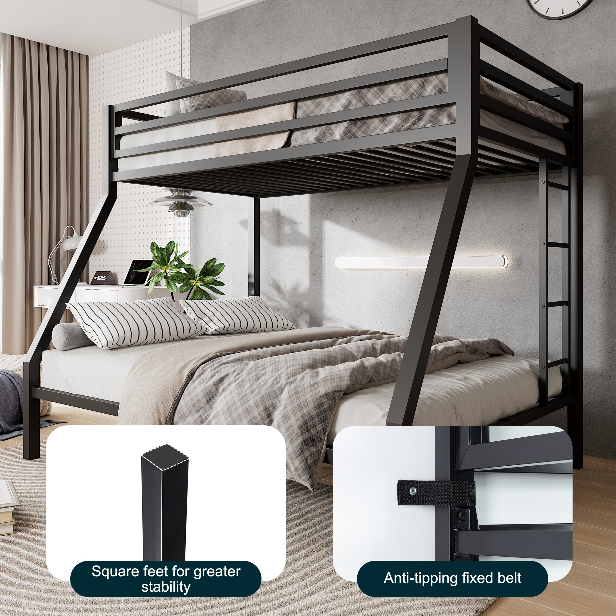 Amolife Twin over Full Size Metal Bunk Bed, Black photo 7