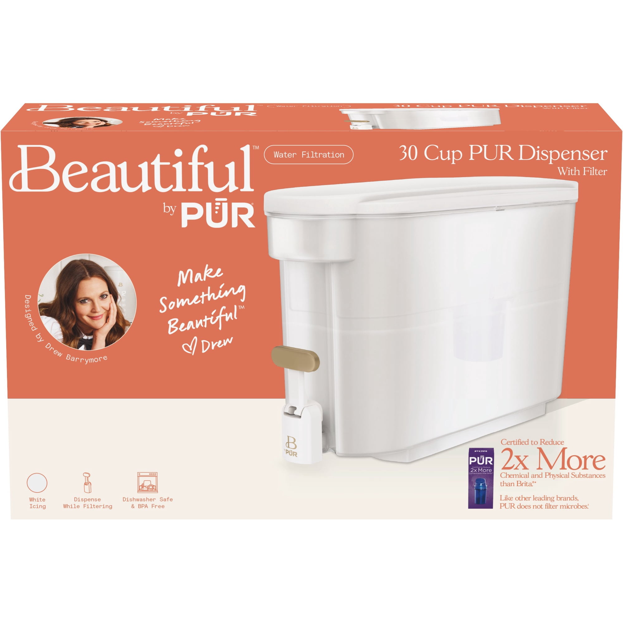 Beautiful by PUR 30 Cup Dispenser Pitcher Water Filtration System, White Icing (PDS1820W)
