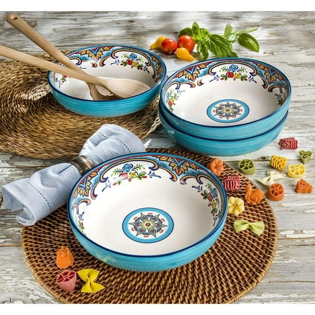 Bilot Zanzibar Collection Pasta Bowl Sets, Set of 4, Spanish Floral Design, Multicolor Blue