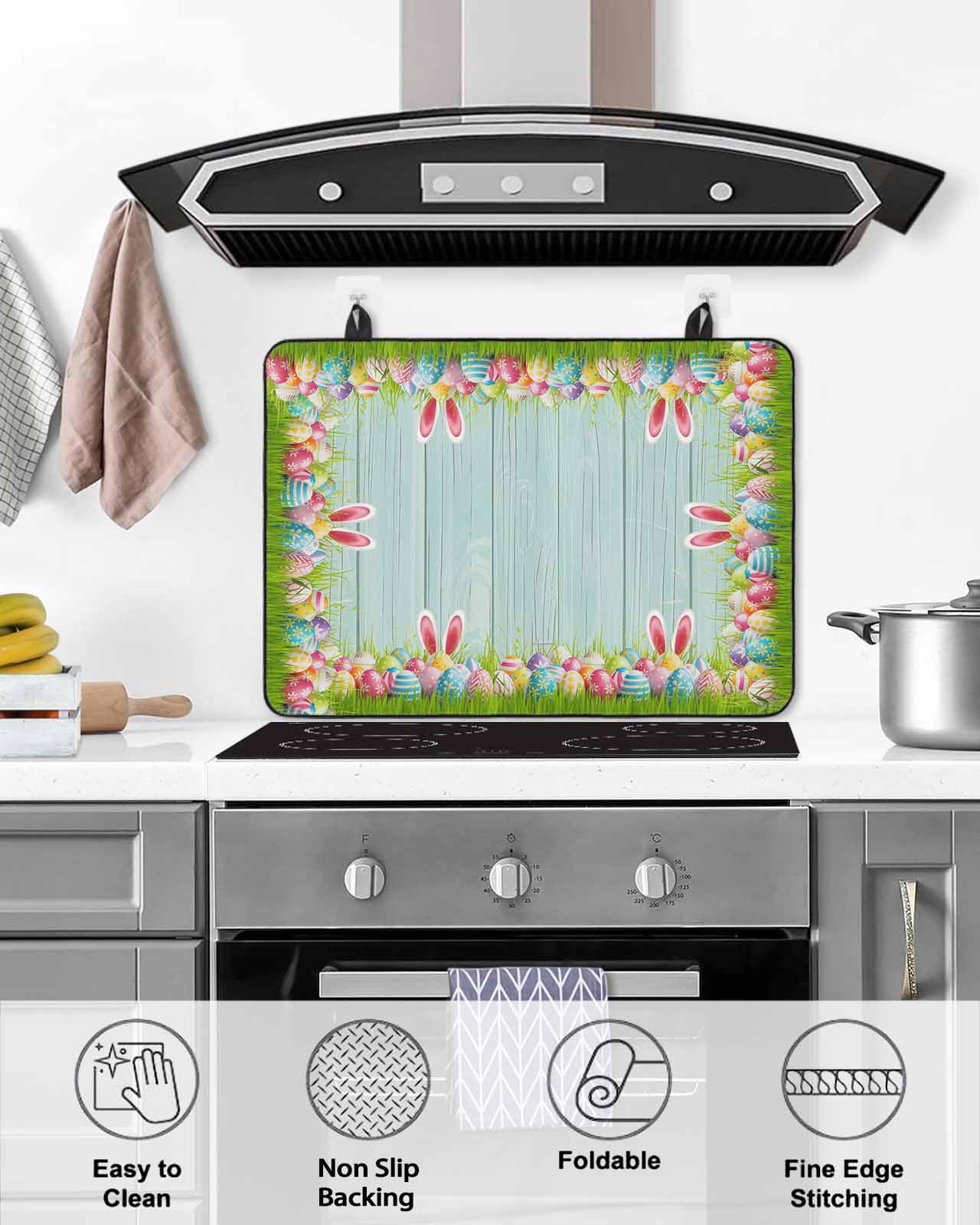 Large Induction Cooktop Protector Mat Easter Stove Top Covers for Electric Stove, Spring Rabbit Ears Colorful Eggs Wooden Grian Decorative Stove Burner Cover Mats, Glass Top Stove Cover
