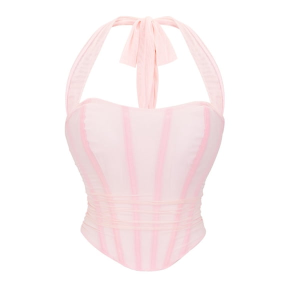 JGGSPWM Women's Halter Mesh Corset Crop Top, Ruched Asymmetrical Hem Sexy Lace-Up Bustier Going Out Party Tops Pink S