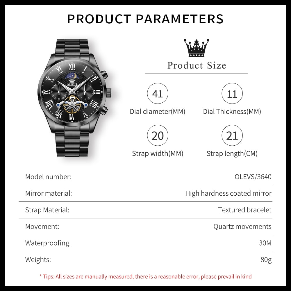 OLEVS Chronograph Watches for Men Waterproof Business Dress Analog Quartz Luxury Moon Phase Stainless Steel Roman Numeral Luminous Casual Mens Wrist Watches Reloj Para Hombre
