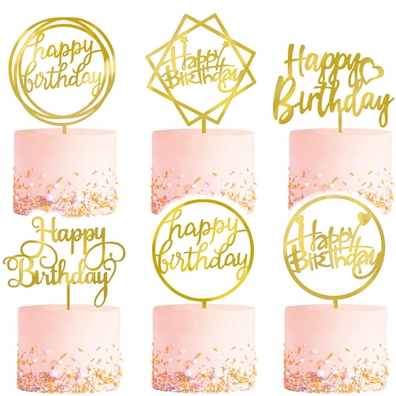 6-Pack Gold Birthday Cake Topper Set, Double-Sided Glitter, Acrylic Happy Birthday Sign Cake Toppers/Cupcake Toppers, Birthday Party Decorations Supplies for Girls and Mom