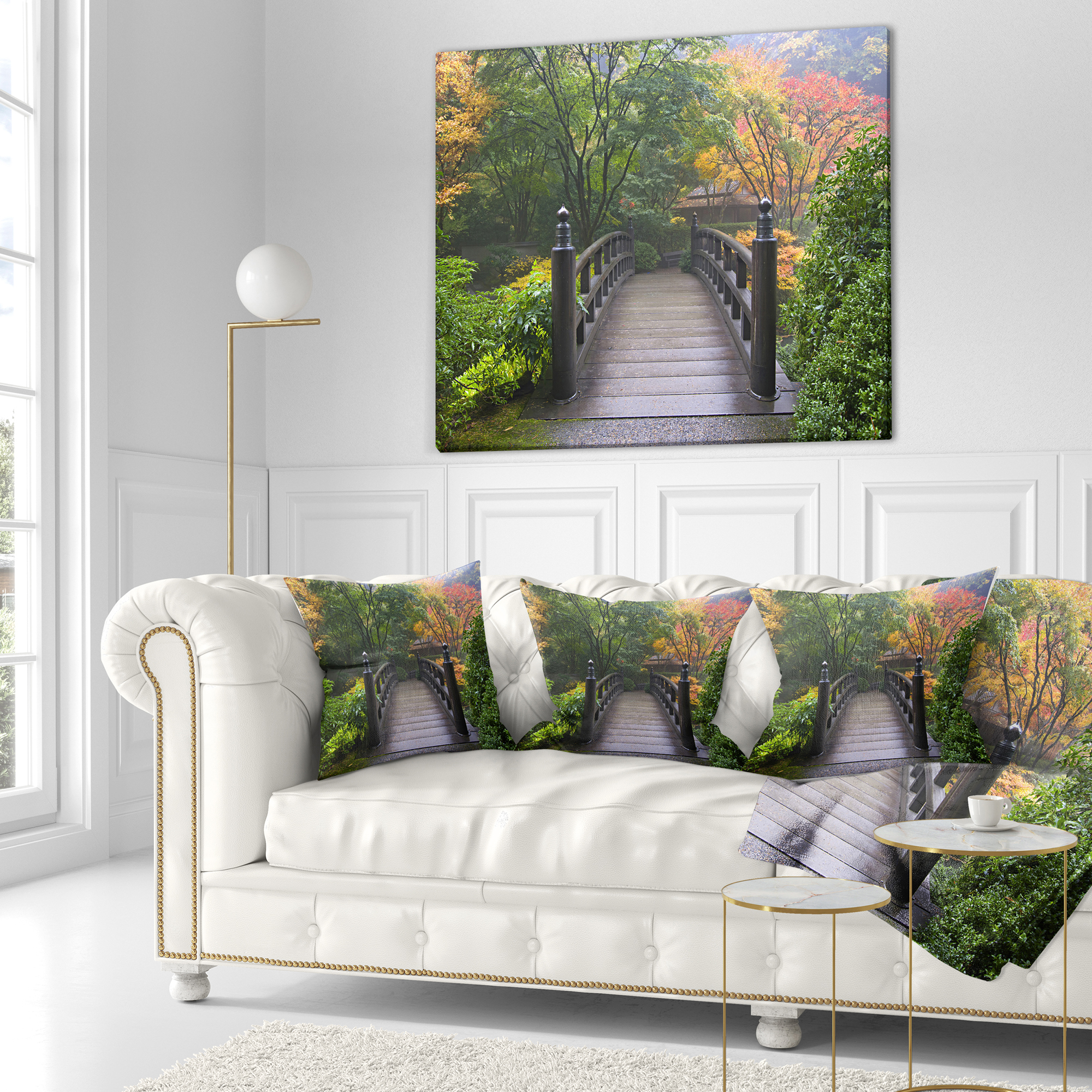 Designart Wood Bridge at Japanese Garden In Fall - Bridge Throw Pillow - 18x18