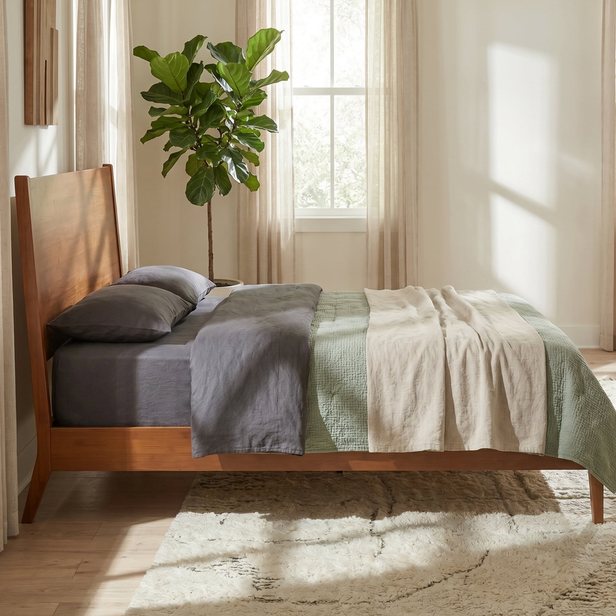 Euroco Bamboo Wood Platform Bed, Mid-Century Queen Size Bed, Walnut