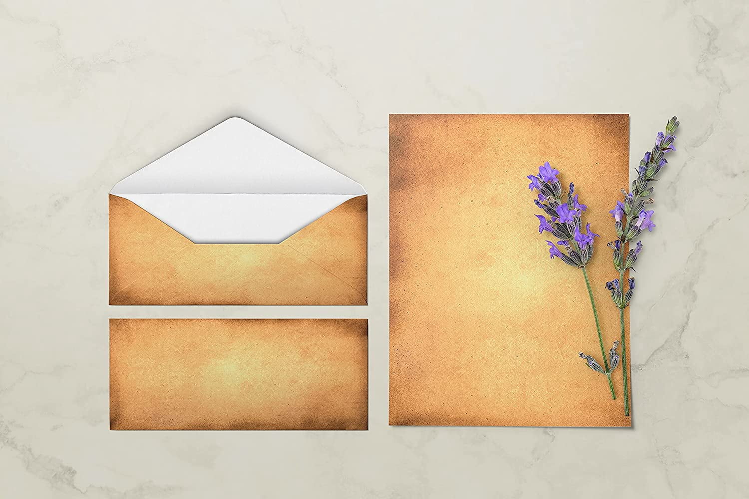 Aged Paper Stationery, 100 Piece Set (50 Sheets + 50 Matching Envelopes), Vintage Antique Old Fashion Parchment Paper, Letter Size 8.5 x 11", 6 Designs, Double Sided Paper,