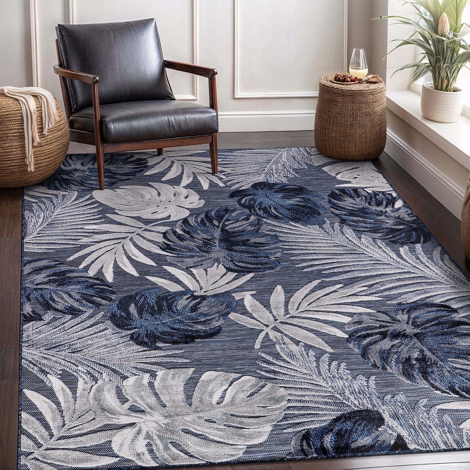 CAMILSON Spring Leaf Tropical Botanical Easy-Cleaning Non-Shedding Washable Outdoor Indoor Area Rug Navy Blue 6x9