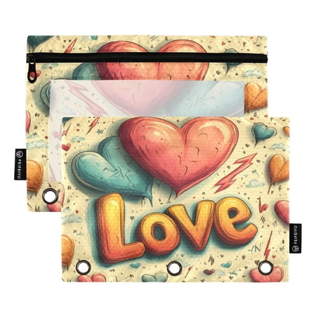 Dailycode 2 Pack Pencil Pouch for 3 Ring Binder Smooth Zipper Folders with Pockets Clear Window Pencil Case Red Blue Love Heart