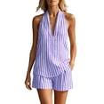 thumbnail image 2 of Casual Summer Outfits 2 Piece Matching Clothing Set Women's Striped V Neck Two-Piece Set Outfit Sleeveless Top And Stretch Waist Shorts Set Summer Vacation Set. Purple L, 2 of 9
