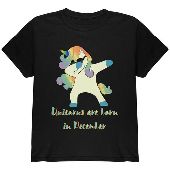 December Birthday Dabbing Unicorn Sunglasses Youth T Shirt Black YXL