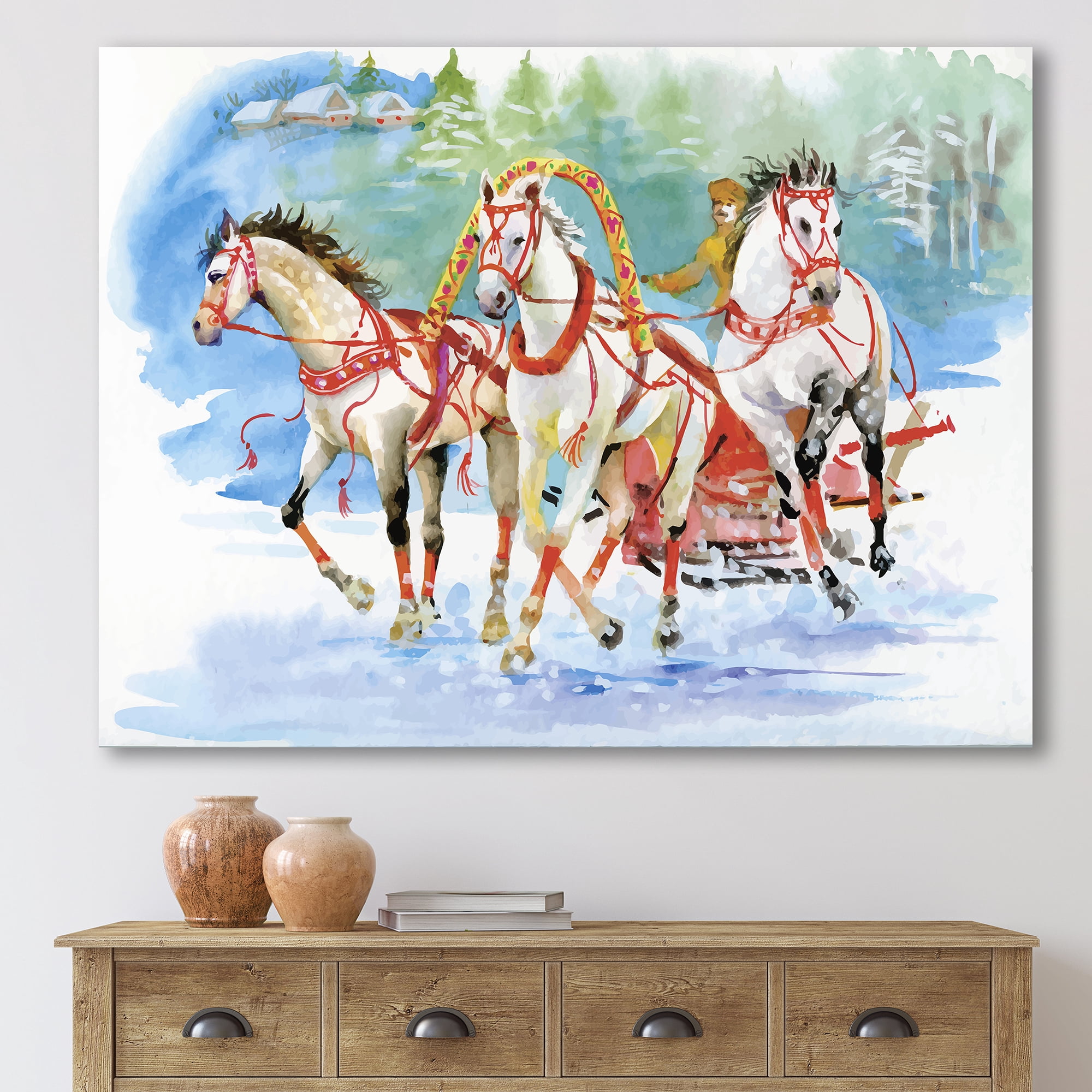 Designart ' Carriage In The Snow With Galoping Horses ' Farmhouse Canvas Wall Art Print