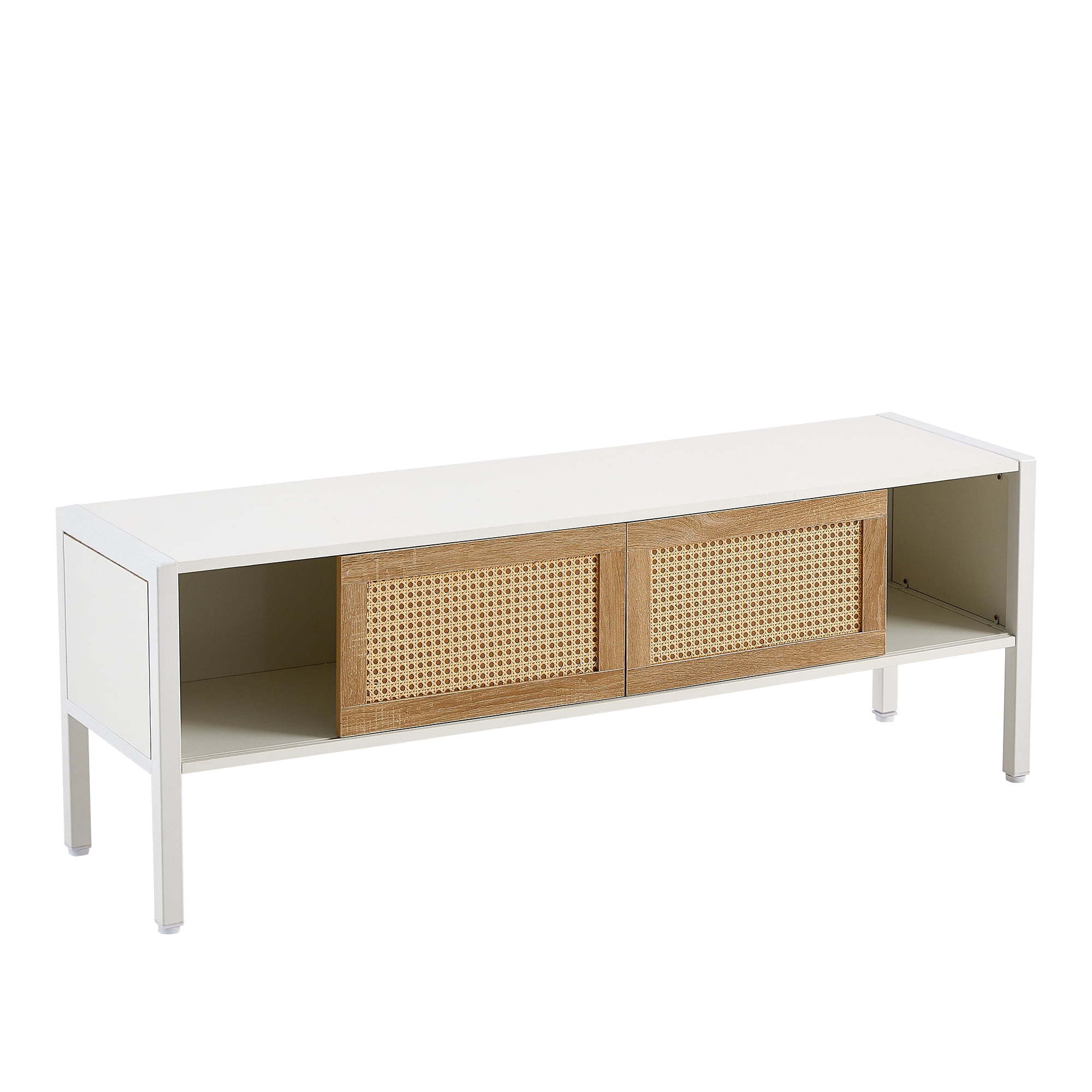 MAYEERTY 54.33" Rattan TV Cabinet with Adjustable Shelf, Variable Color Light Strip, and Metal Legs, White
