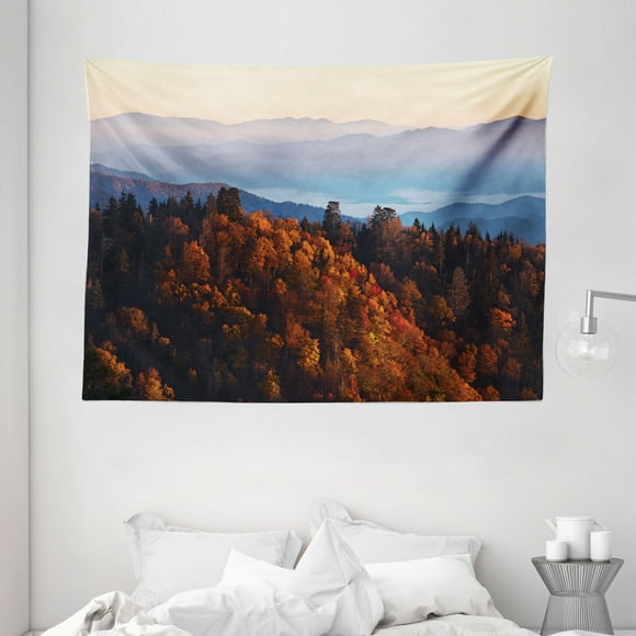 National Parks Home Decor Tapestry, Sunrise at Mountains Pine Trees Covered on Hill Mist South Carolina, Wall Hanging for Bedroom Living Room Dorm Decor, 80W X 60L Inches, Multi, by Ambesonne