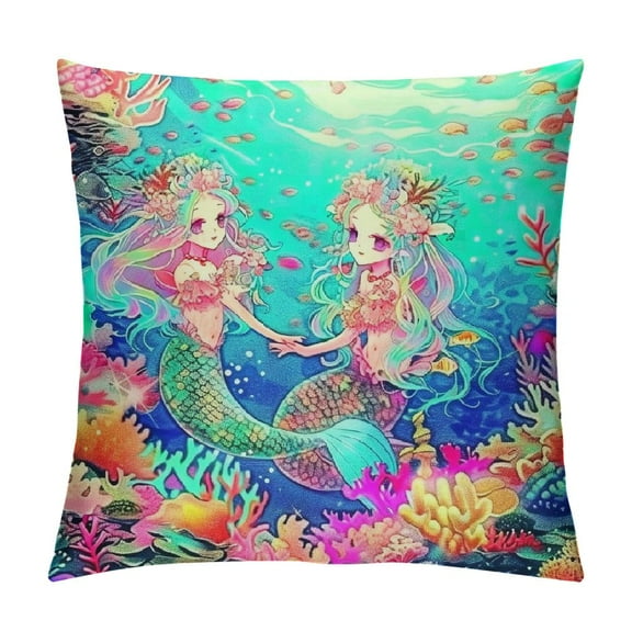 Autua Mermaids Coral Reef Fish Graphic Decorative Cushion Throw Pillow Cover for Home Living Room Sofa Bed, Square 1PC 12x12in