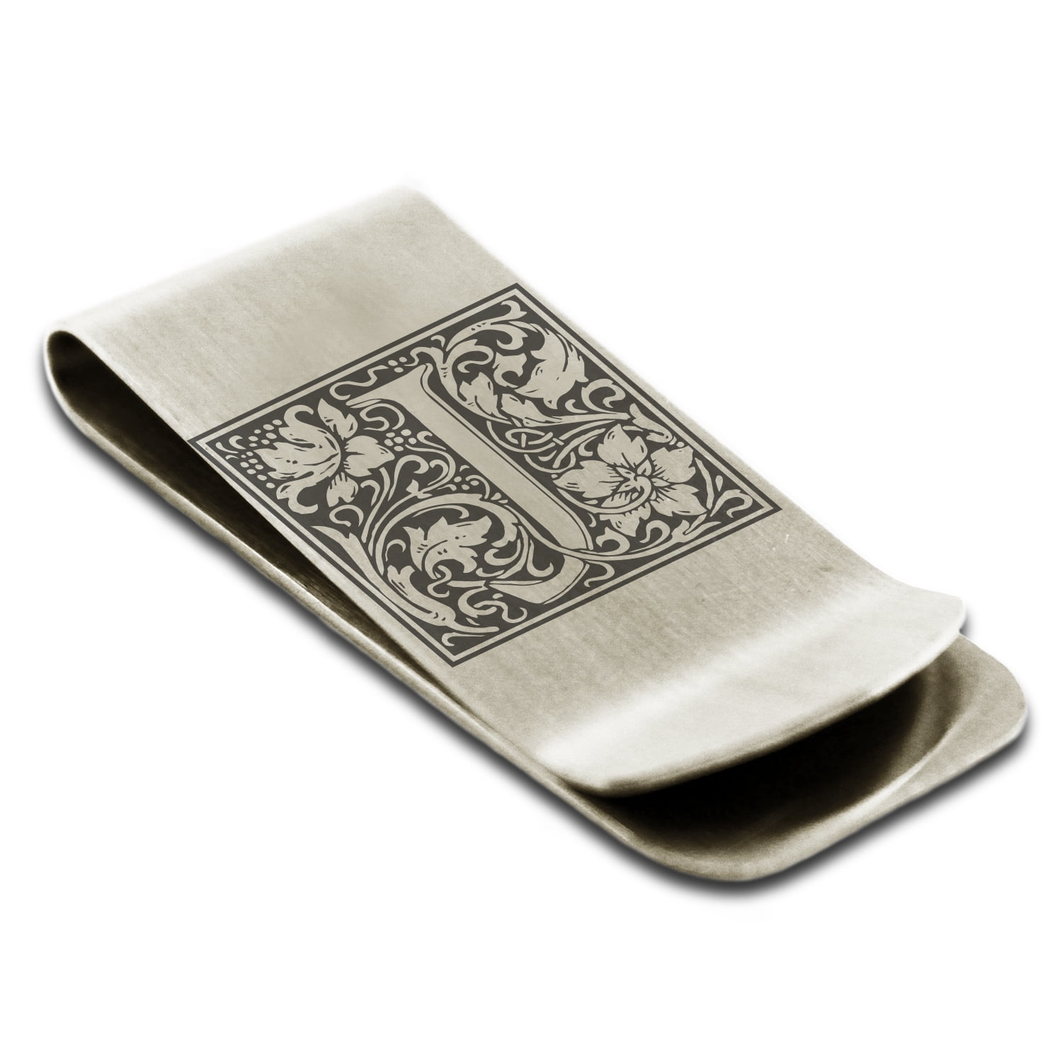 Tioneer Stainless Steel Letter P Initial Floral Box Monogram Engraved Money Clip Credit Card Holder