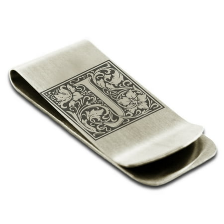 Stainless Steel Letter J Initial Floral Box Monogram Engraved Engraved Money Clip Credit Card