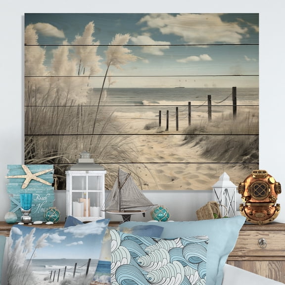 Designart "Dreams Path Beach Seascape II" Nautical & Beach Print on Natural Pine Wood