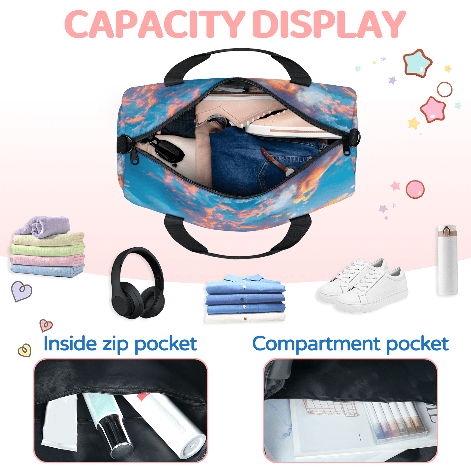 Herdesigns Hawaiian Beach Themed Gym Bag for Women, Duffle Bag for Travel Sport, Lightweight Waterproof Carry on Weekender Overnight Dance Yoga Workout Bags